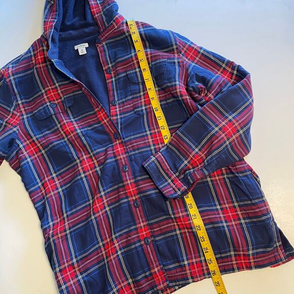 L.L. Bean Cotton Shacket Womens Medium Red & Blue Plaid Hooded Shirt Jacket - Picture 7 of 9